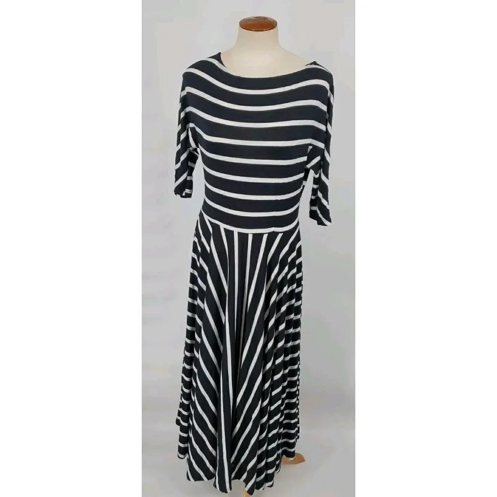 Alembika Black White Stripe 3/4 Sleeve Stretch Fit Flare Dress Midi Size 1 (6-8)